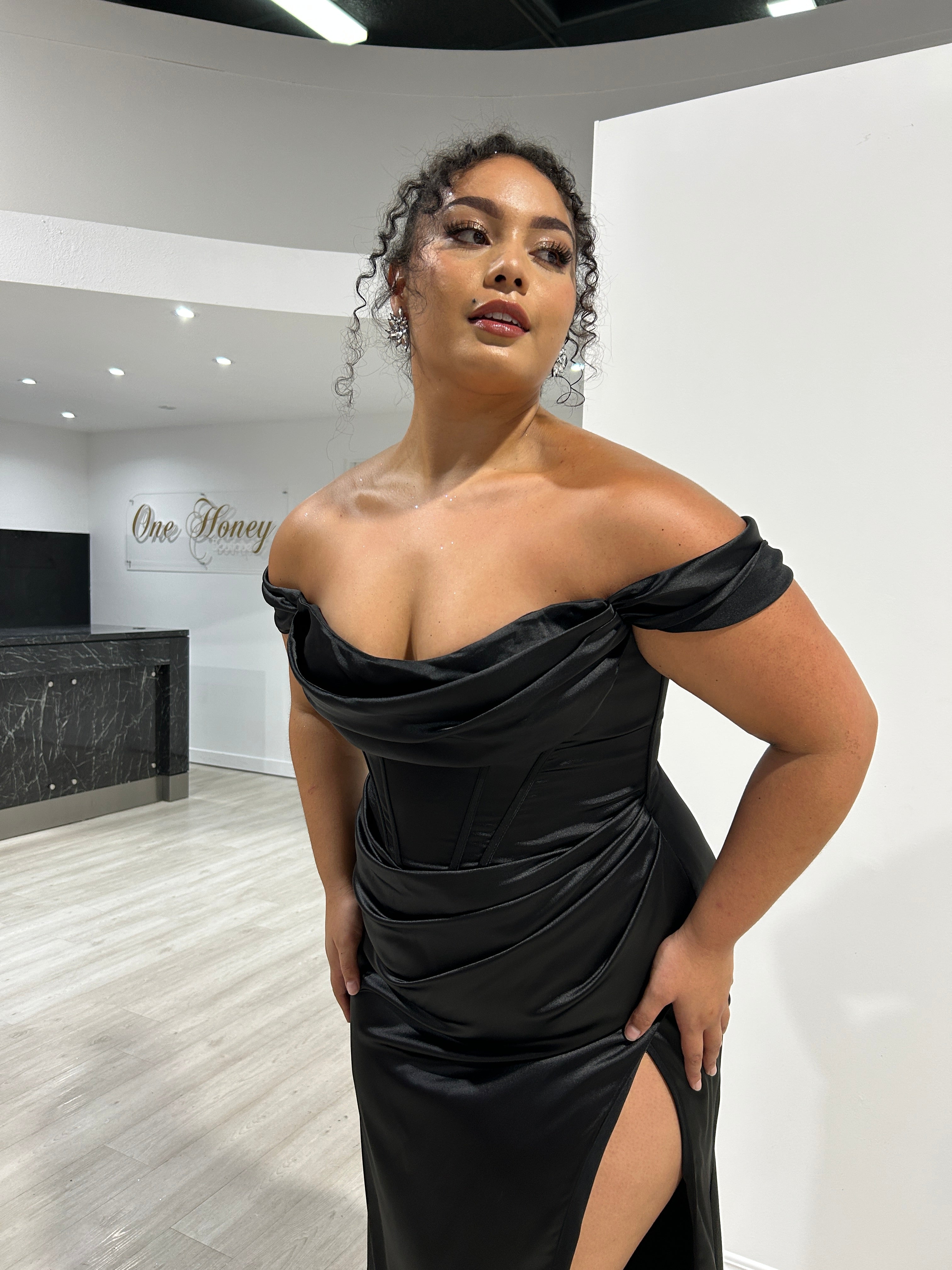 Honey Couture CECE Curve Black Satin Off The Shoulder Corset Bustier Formal Dress