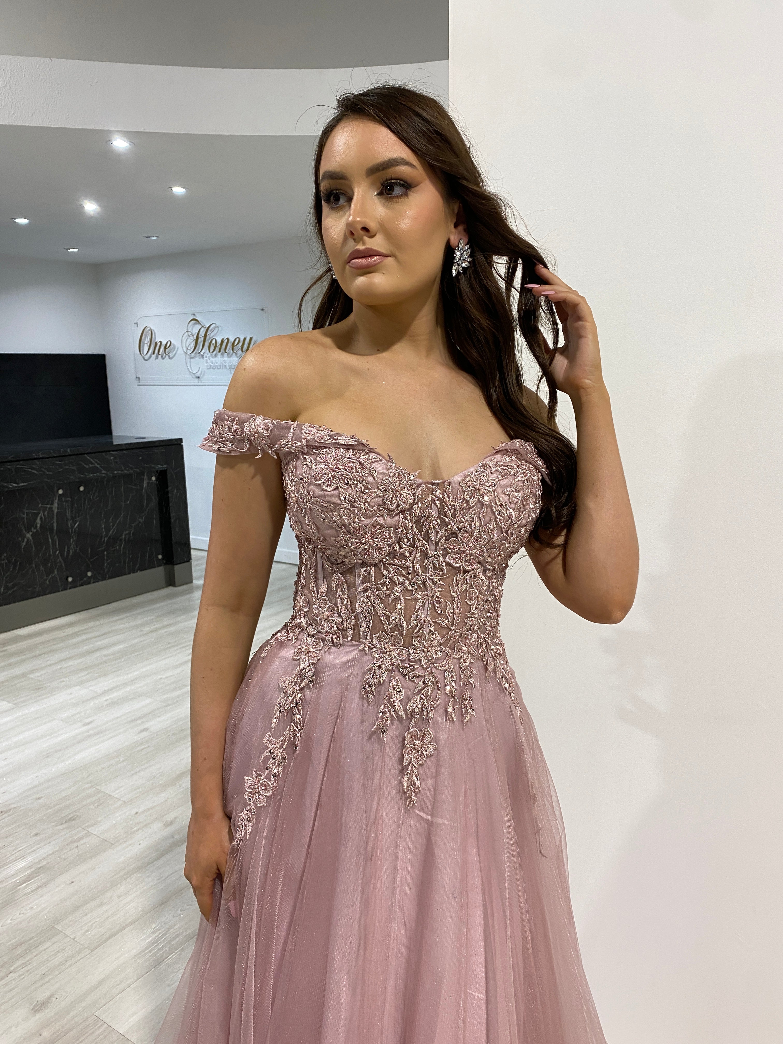 Honey Couture DEJA Dusty Pink Mauve Lace Applique Corset Ballgown