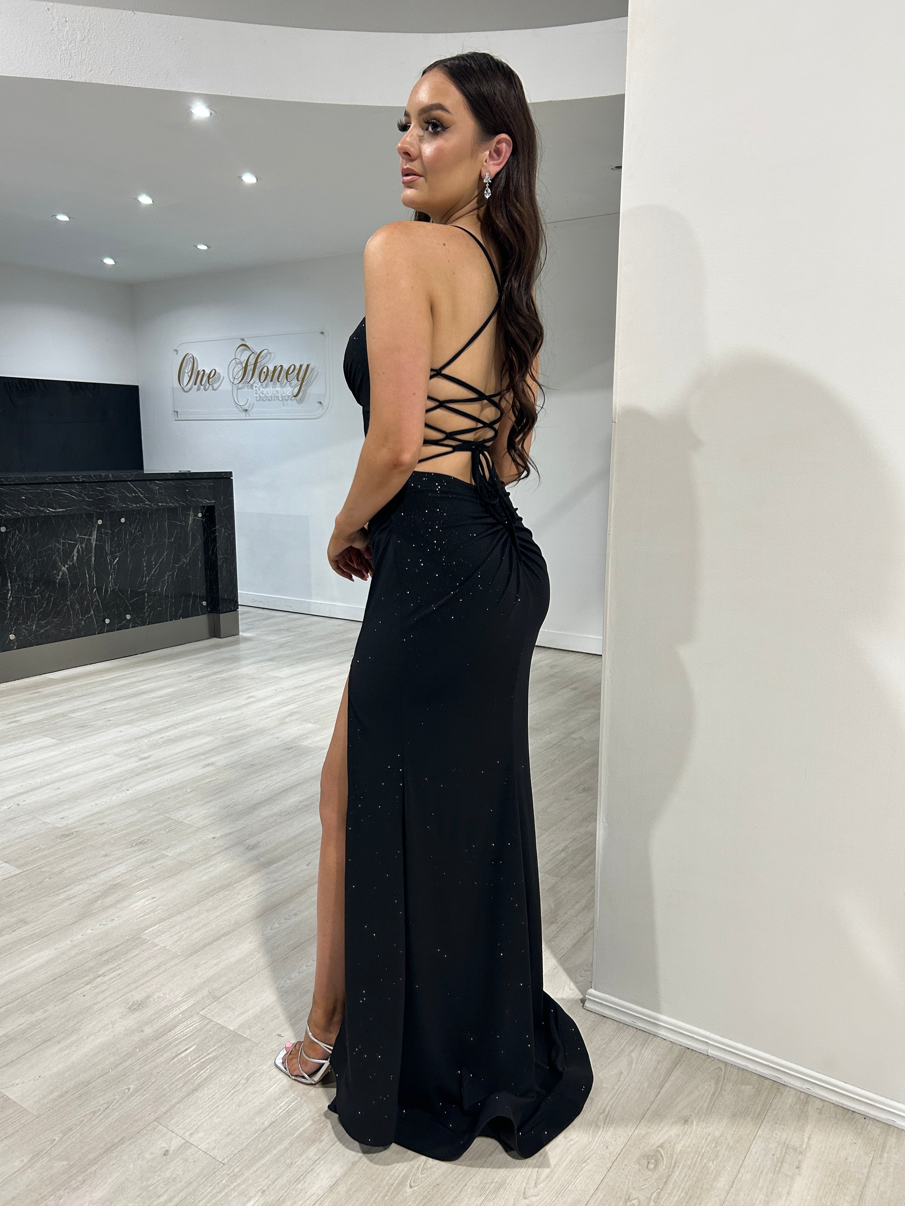 Honey Couture MISTELLA Black Crystal Feature Mermaid Formal Gown