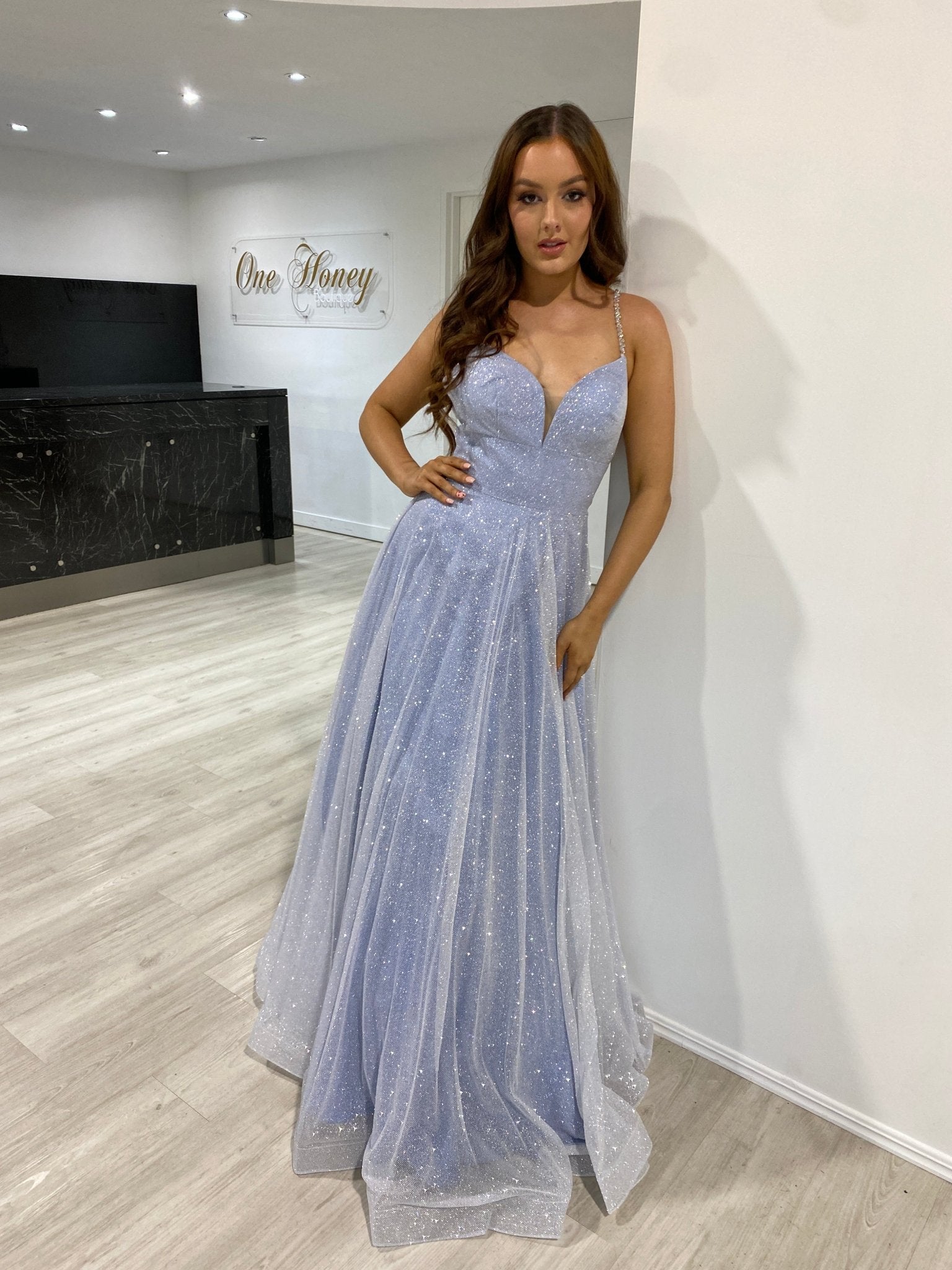 dusty blue beaded bridesmaid dresses Dusty Blue Beaded Modest Bridesmaid Dress with short sleeves