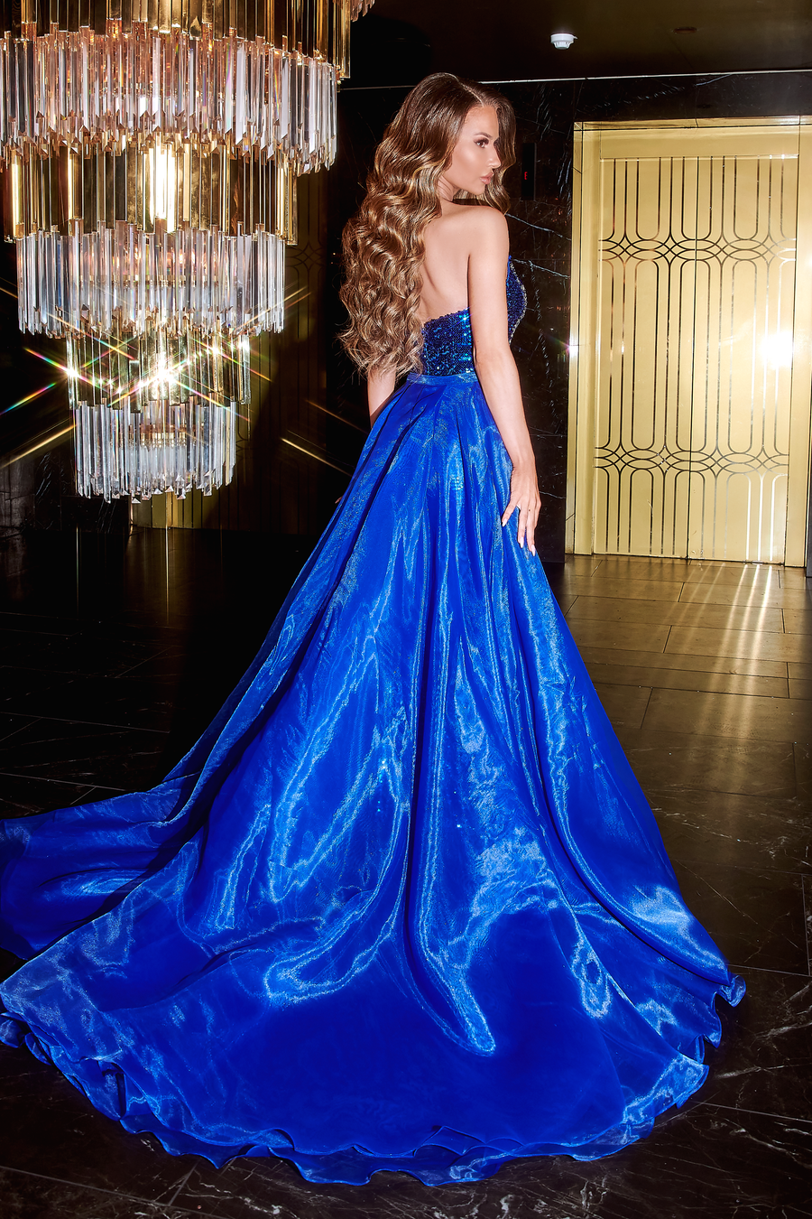 Portia & Scarlett PS22582S Cobalt Strapless Sequin Mermaid With Overskirt Formal Gown