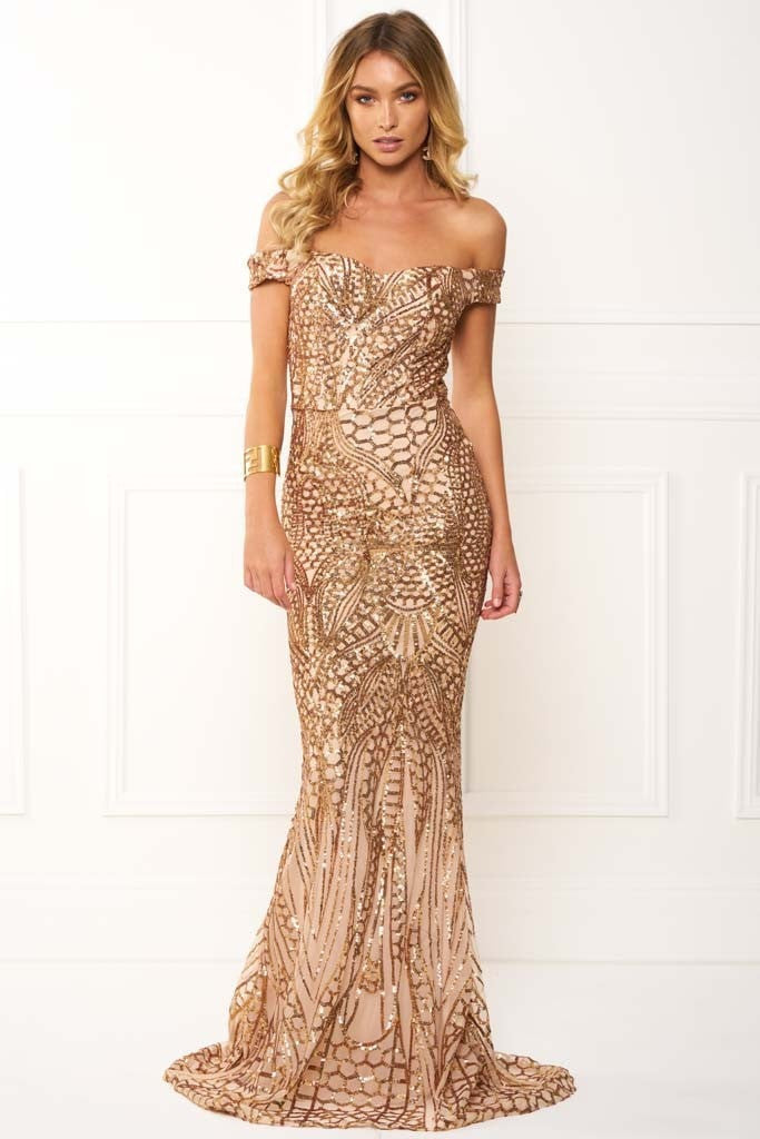 Honey Couture HAILEY Rose Gold Sheer Sequin Off Shoulder Evening Gown Dress Honey Couture$ AfterPay Humm ZipPay LayBuy Sezzle