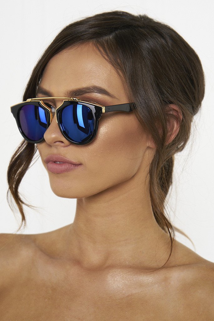 Honey Couture STACEY Gold &amp; Black Frame Blue Reflective Sunglasses Honey Couture Sunglasses$ AfterPay Humm ZipPay LayBuy Sezzle