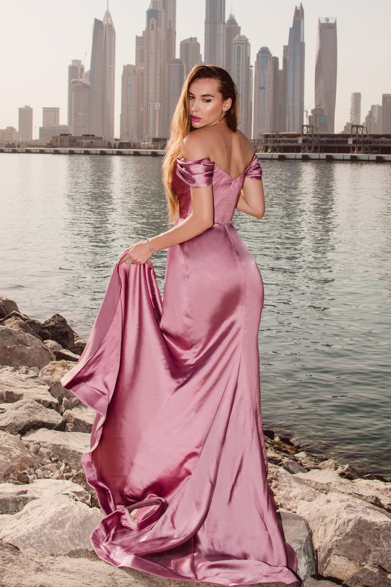 Tina Holly Couture TK016 Off The Shoulder Satin Mermaid Fitted Prom Dress in Australia | One Honey Boutique