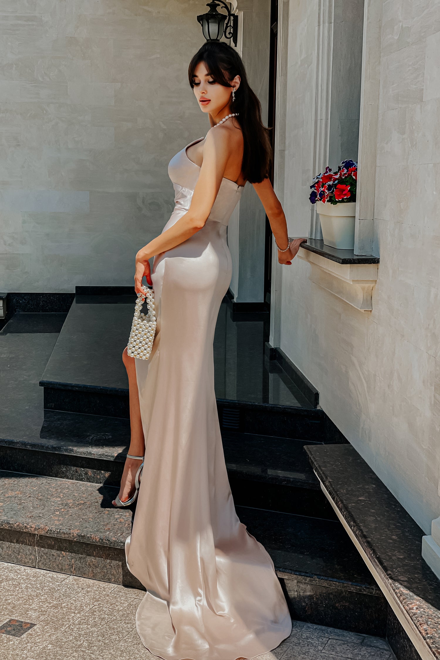 TINA HOLLY COUTURE TE345 one-shoulder satin prom gown, mermaid silhouette, ideal for semi-formal events, Brisbane to Gold Coast
