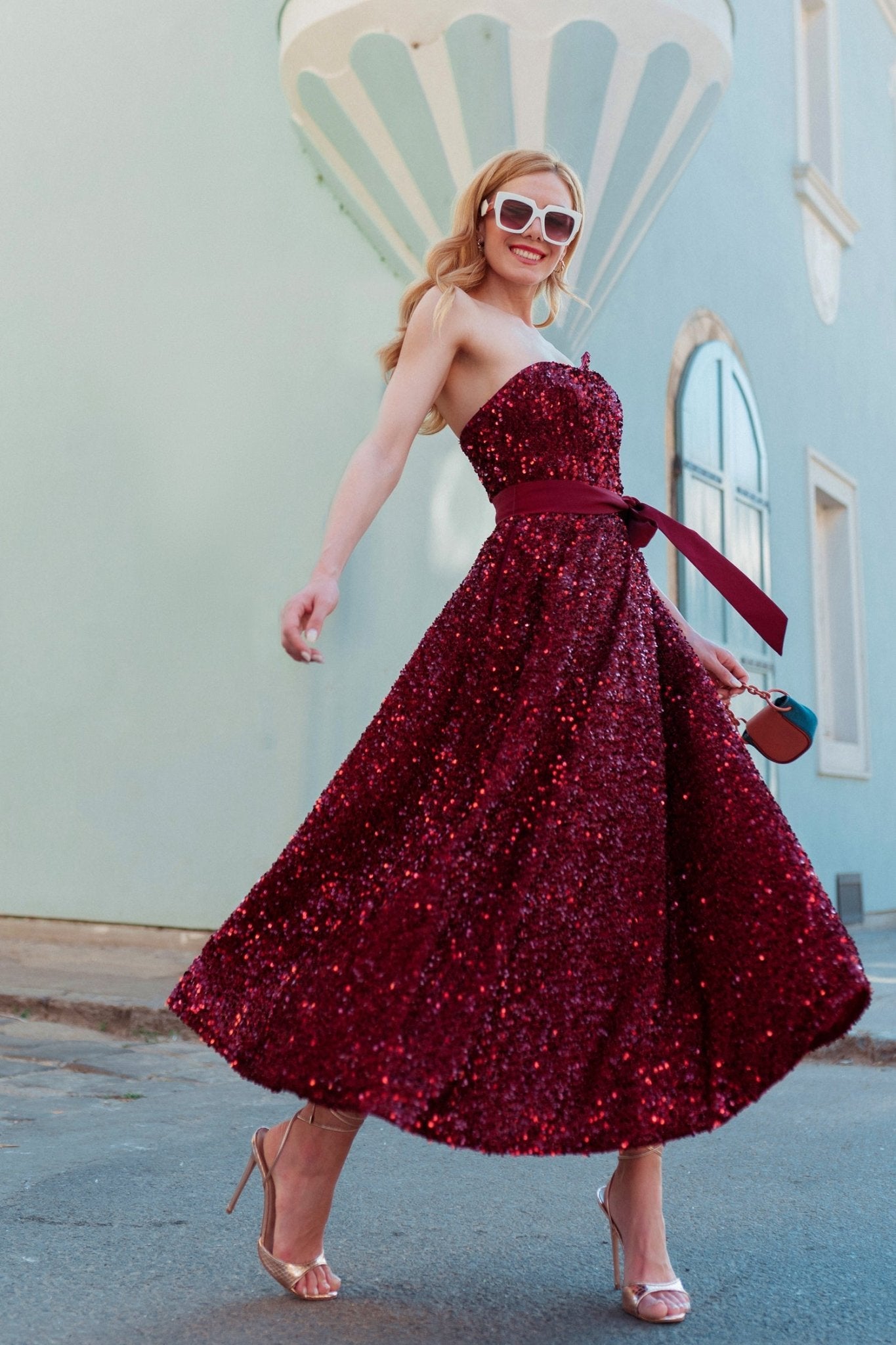 Tina Holly TK047 Sequin Strapless Tea - Length Dress in Australia | One Honey Boutique