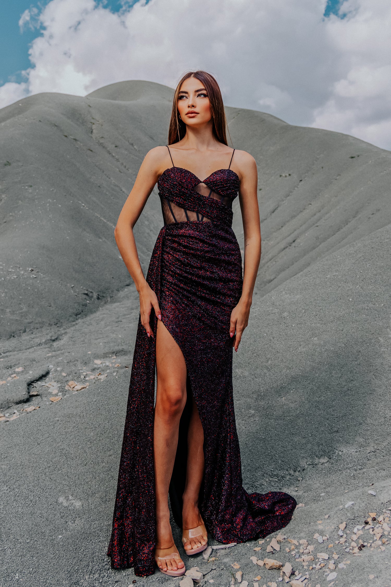 TINA HOLLY COUTURE TK102 glitter corset prom gown in sequins, slit detail, Brisbane to Gold Coast, Australia.