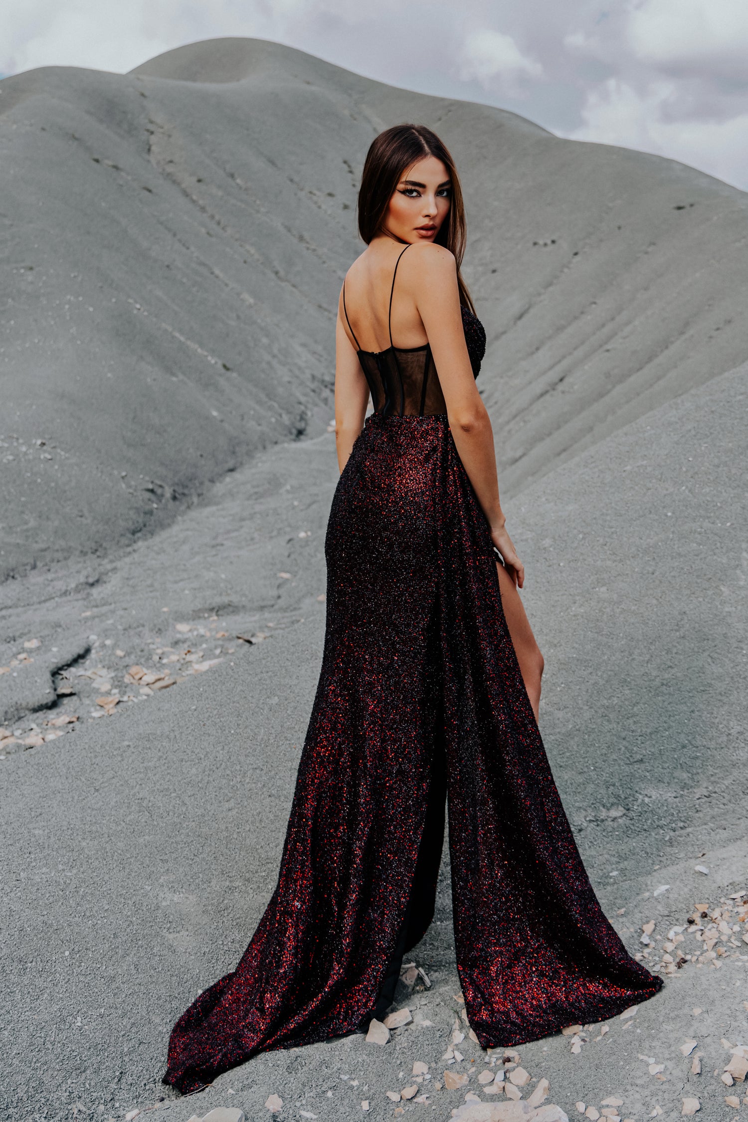 TINA HOLLY COUTURE TK102 sequin prom gown with corset bodice, shimmering dark fabric, Brisbane to Gold Coast, Australia.