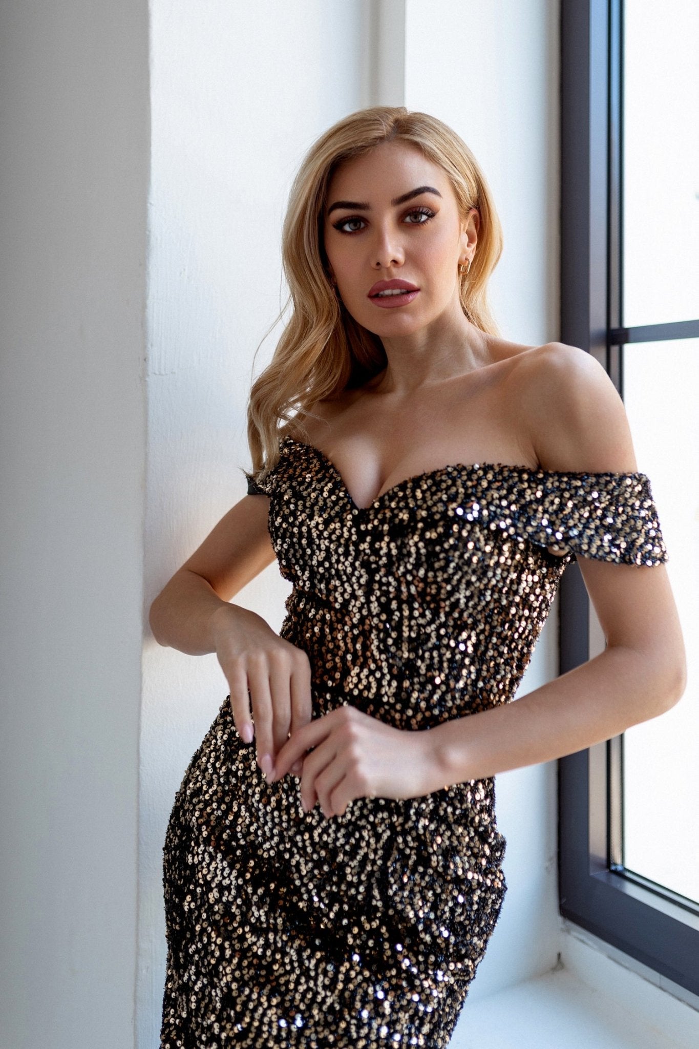 Tina Holly Couture TK271 Sequins Off Shoulder Midi Dress with Sweetheart Neckline and Leg Split in Australia | One Honey Boutique