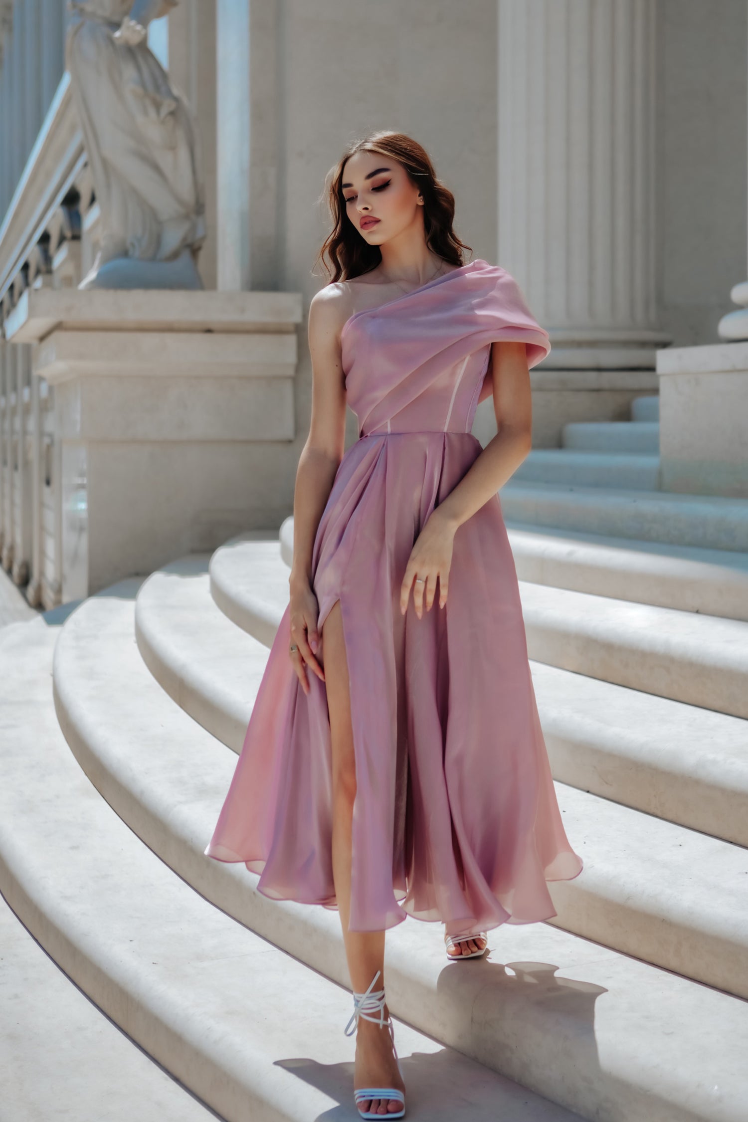 TINA HOLLY COUTURE TK315 One Shoulder A-Line Midi Dress with pleated draped sleeve, tea-length, Brisbane to Gold Coast