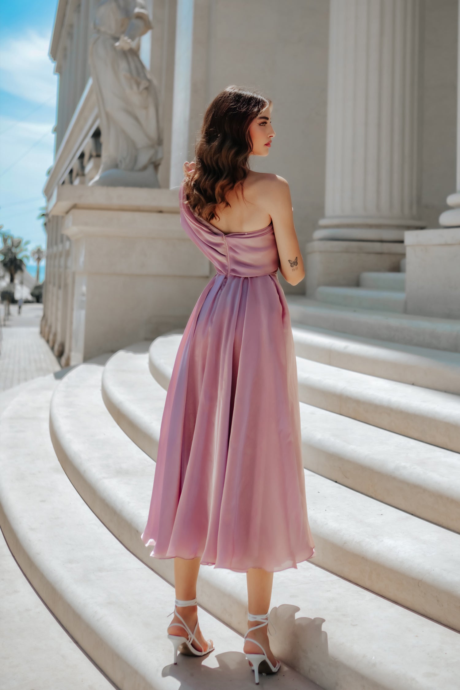TINA HOLLY COUTURE TK315 One Shoulder A-Line Midi Dress, pleated draped sleeve, shiny silk satin, Brisbane to Gold Coast
