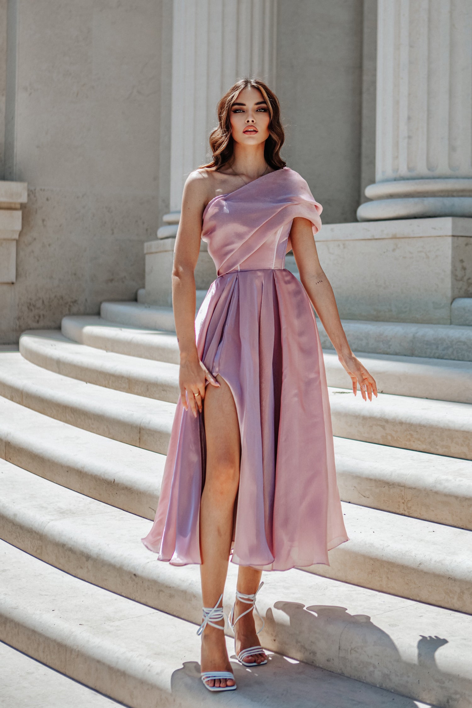 TINA HOLLY COUTURE TK315 one-shoulder midi dress with satin pleats, Brisbane to Gold Coast, Australia.