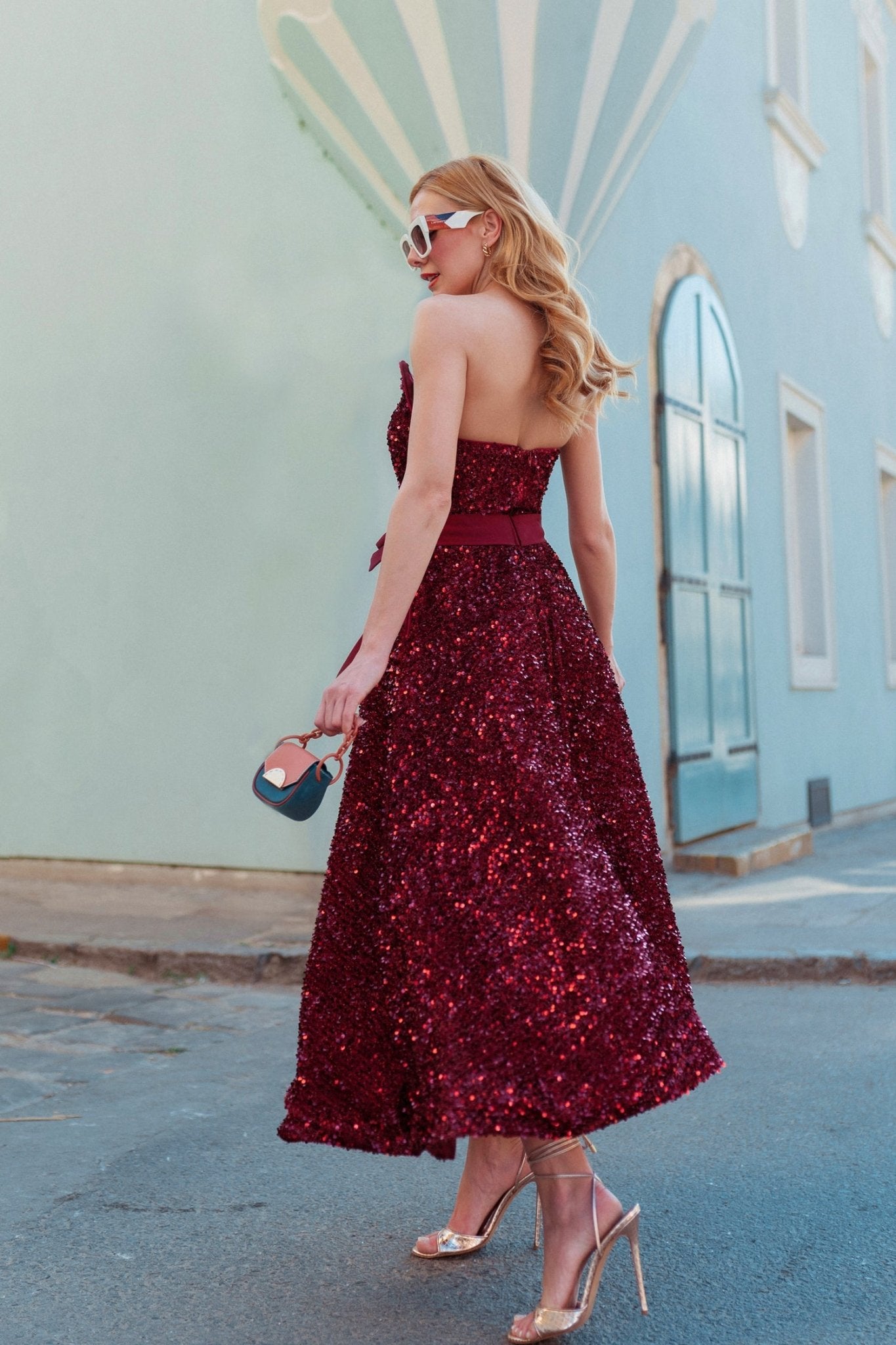 Tina Holly TK047 Sequin Strapless Tea - Length Dress in Australia | One Honey Boutique