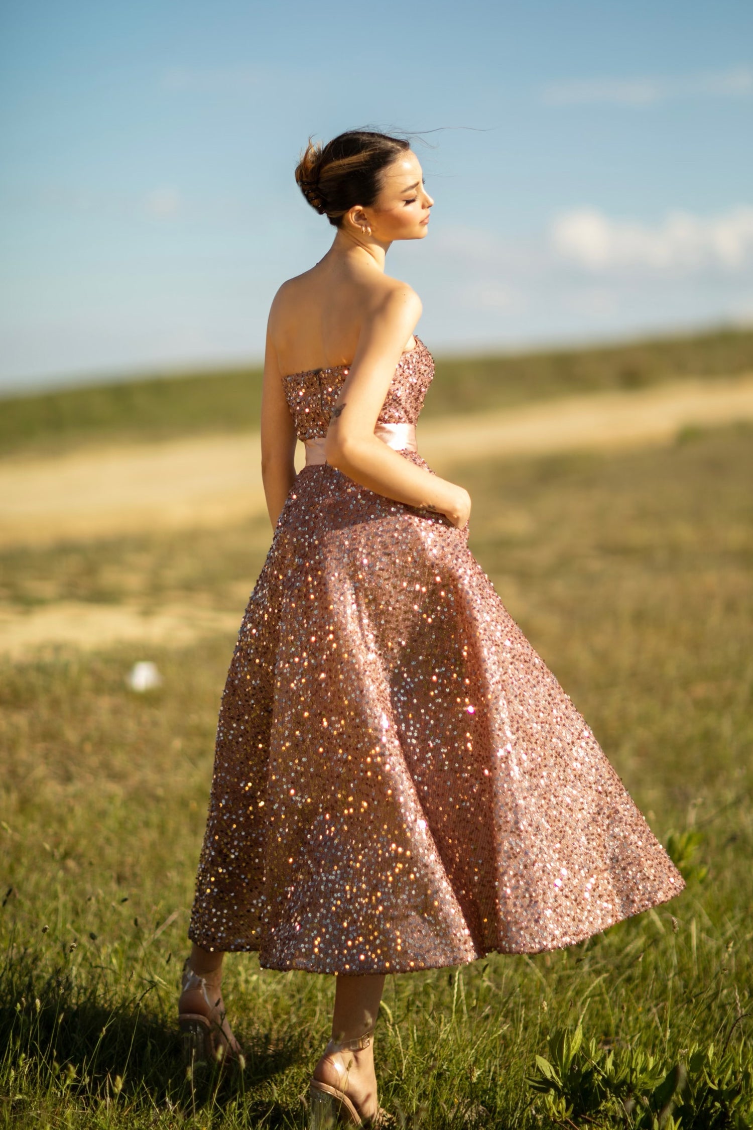 Tina Holly TK047 Sequin Strapless Tea-Length Dress