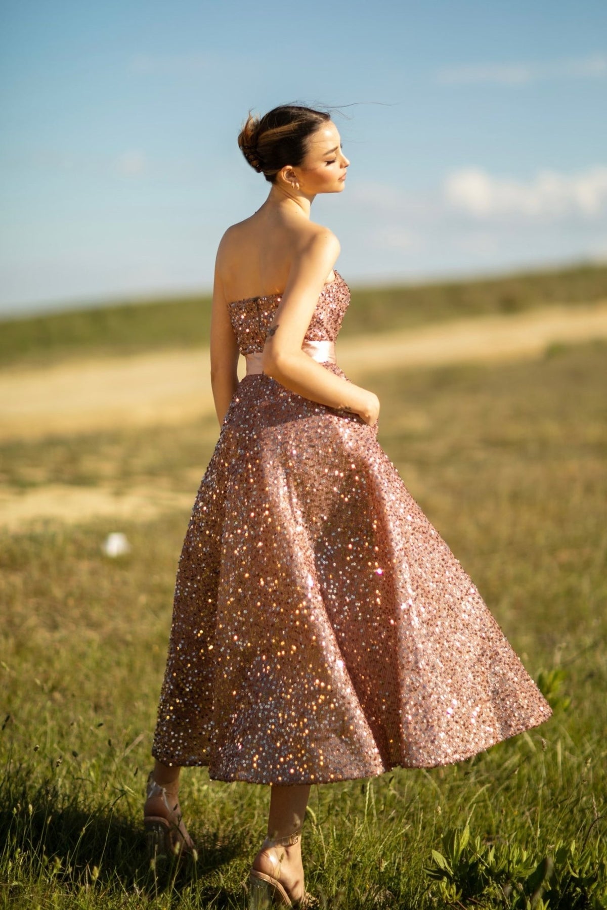 Tina Holly TK047 Sequin Strapless Tea-Length Dress